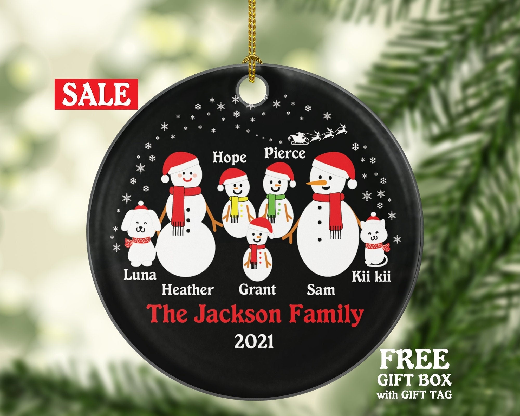 Family of 5 Personalized Ornament with Cat Dog Pet, 5 Snowmen Personalized Christmas ornament, Snowman family ornament, Big Family Christmas