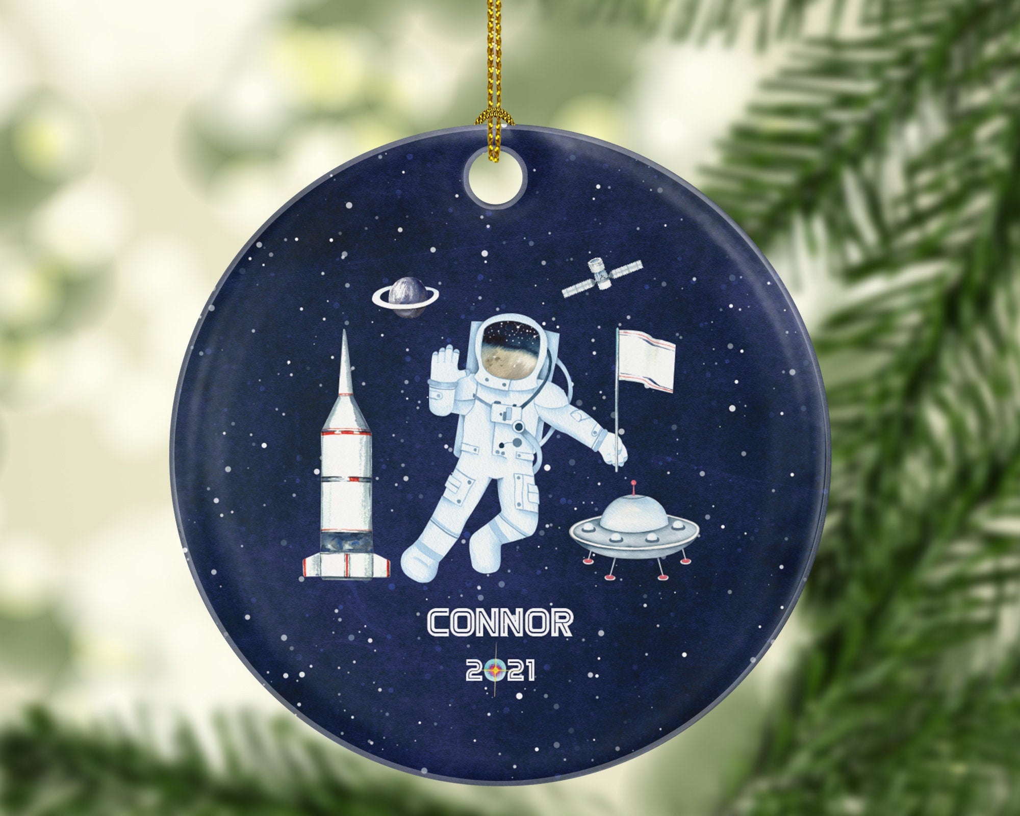 Astronaut in Space Christmas Ornament Personalized, Spaceship Themed Pilot Astronaut Custom Gift with Name