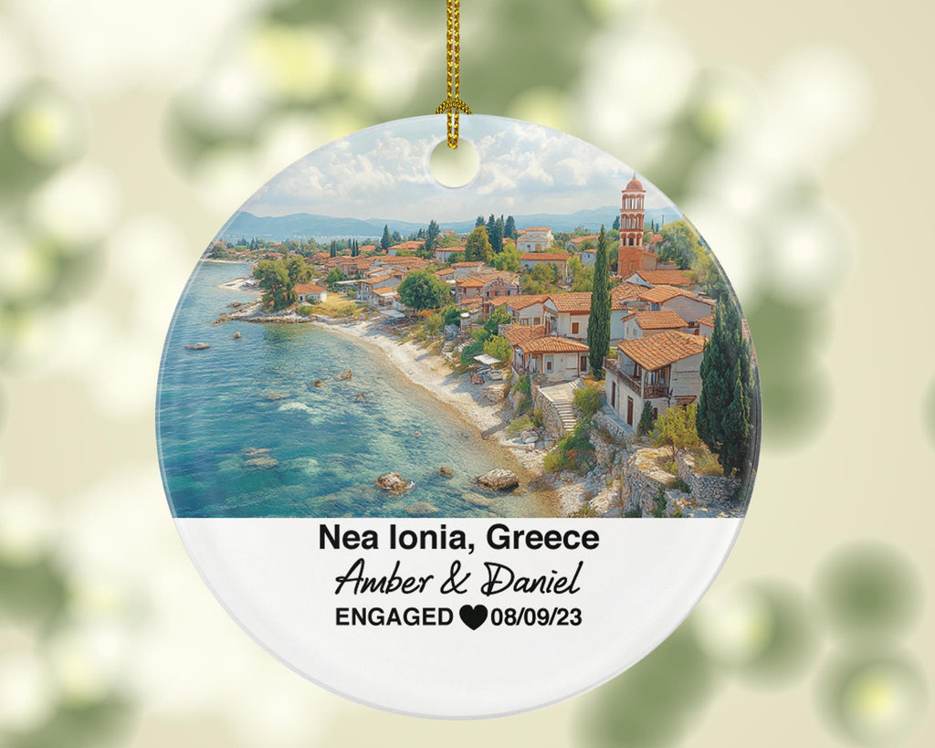 Nea Ionia Greece Round Ceramic Christmas Ornament – Personalized Holiday Keepsake, Custom Couple Gift for Wedding or Honeymoon