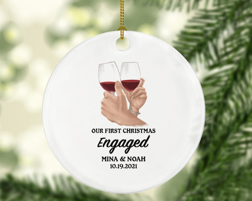 Our First Christmas Engaged Personalized Ornament - Engagement Announcement Couple Gift - Wine Lovers