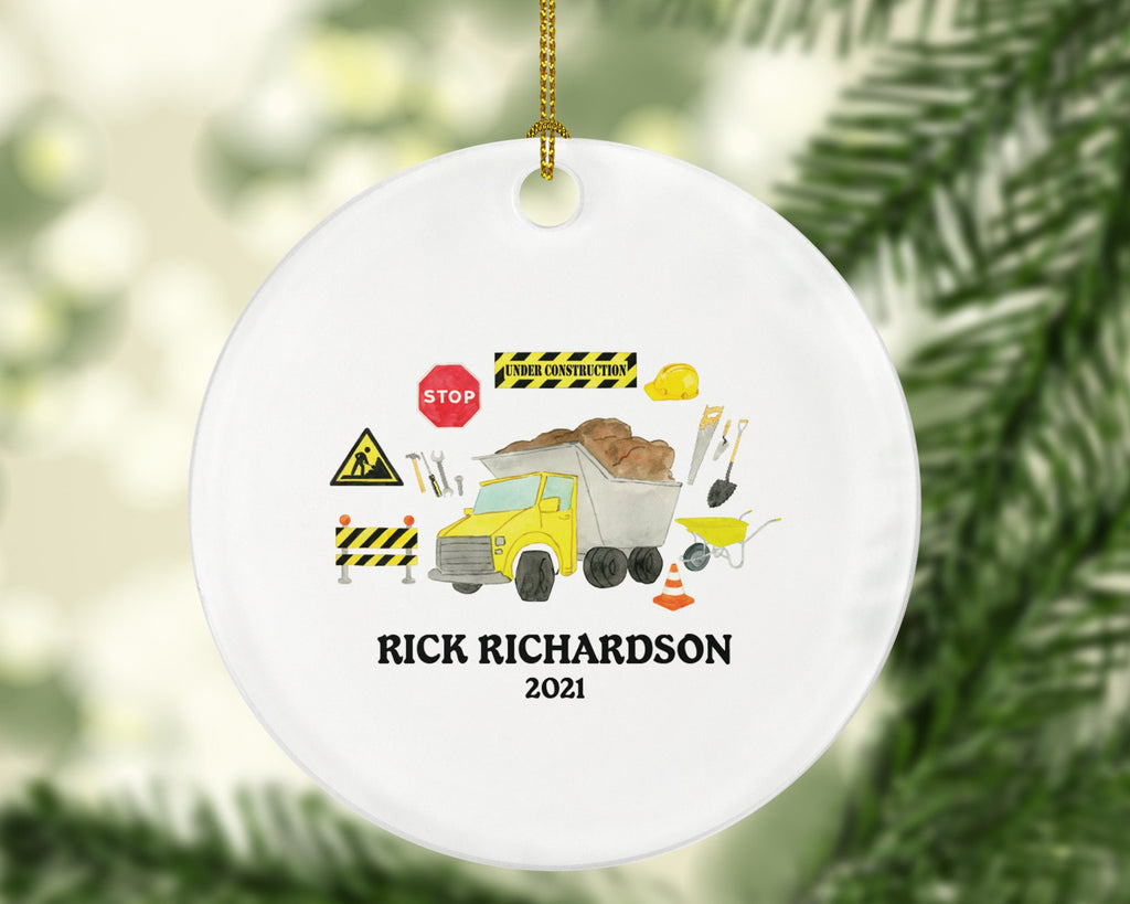 Dump Truck Personalized Christmas Ornament - Construction Worker Handy Man Builder - Custom Name Year Gift