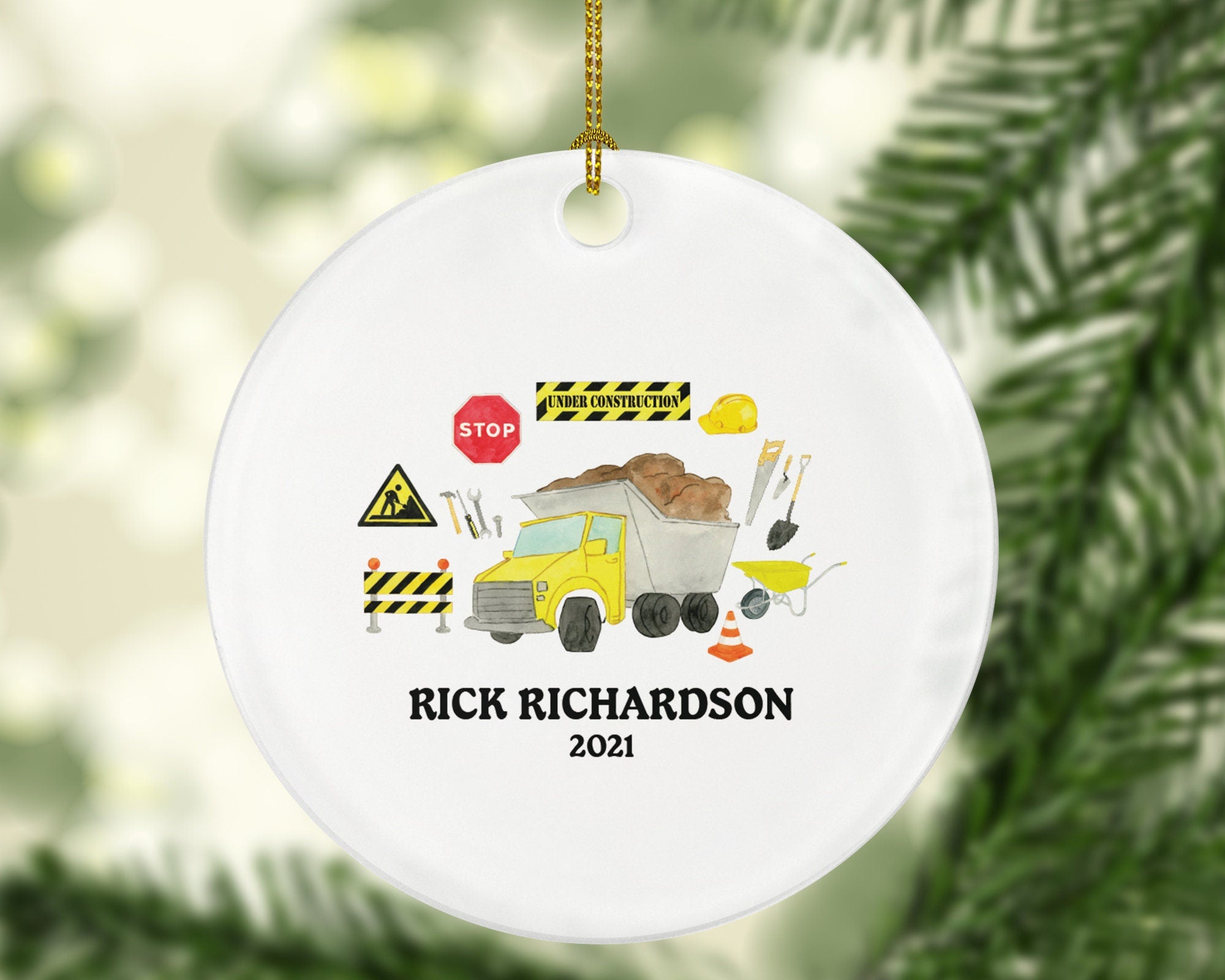 Dump Truck Personalized Christmas Ornament - Construction Worker Handy Man Builder - Custom Name Year Gift