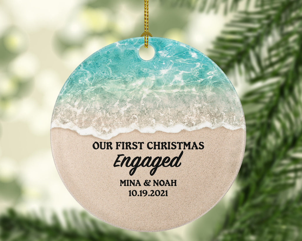 Engaged Christmas Ornament - Custom Engagement - Personalized First Christmas Engaged - Just Engaged Beach Sand Sea