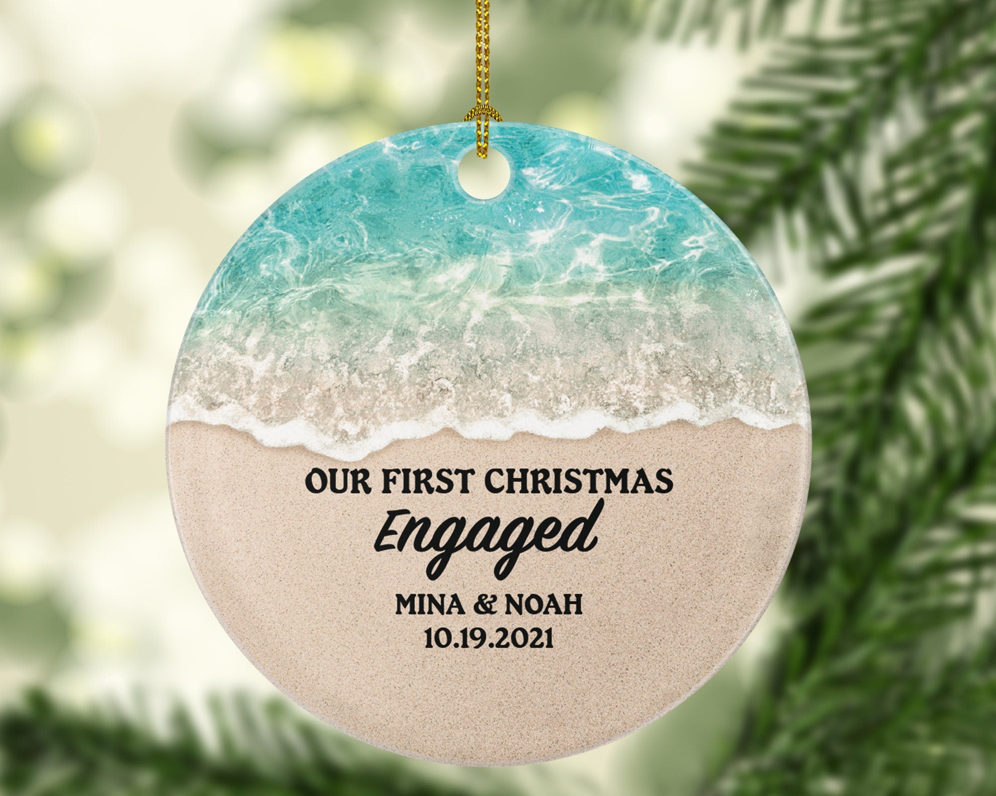 Engaged Christmas Ornament - Custom Engagement - Personalized First Christmas Engaged - Just Engaged Beach Sand Sea