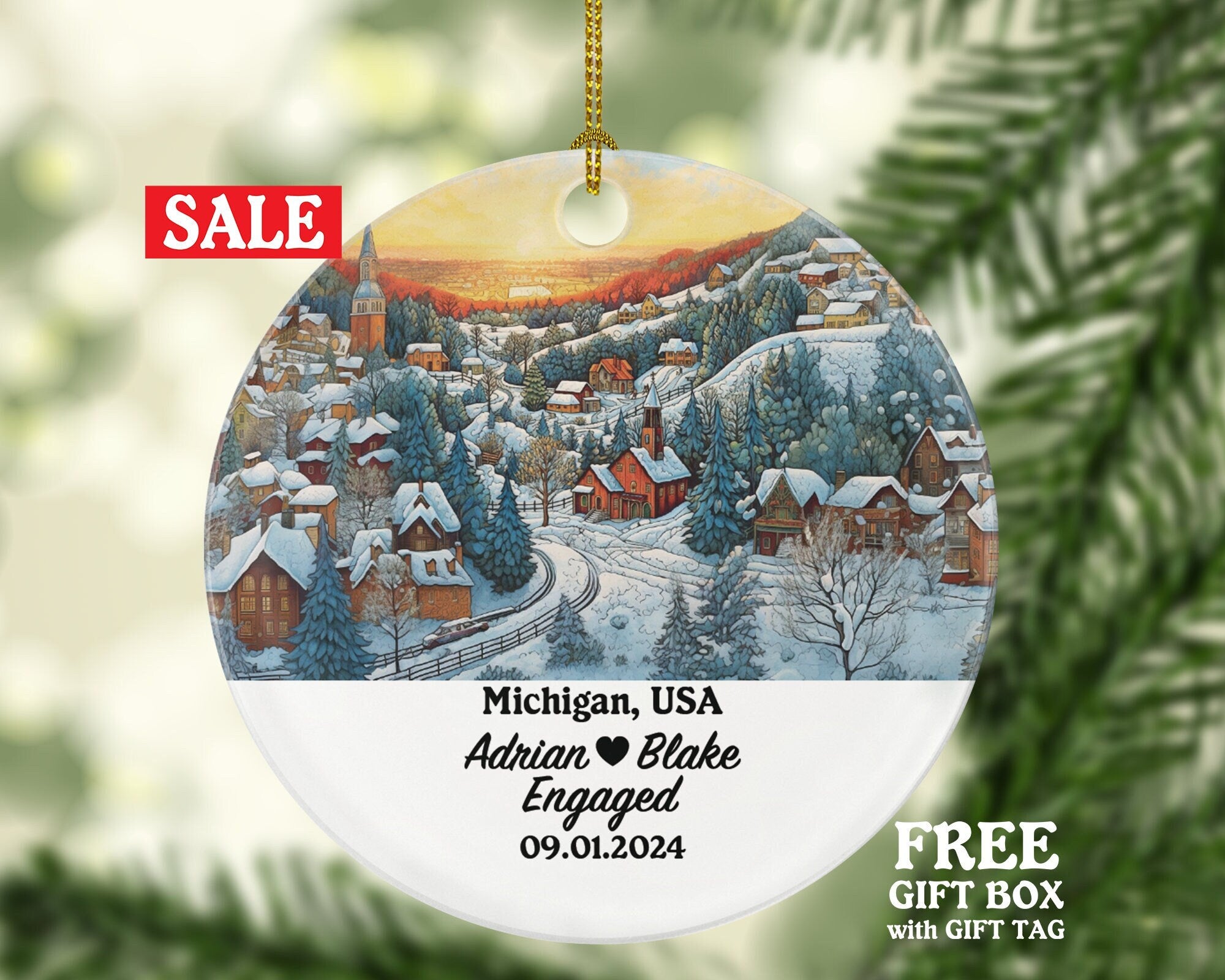 Michigan Christmas Ornament Personalized - MI Engaged Married Family Together Couple Travel Honeymoon Engagement Marriage