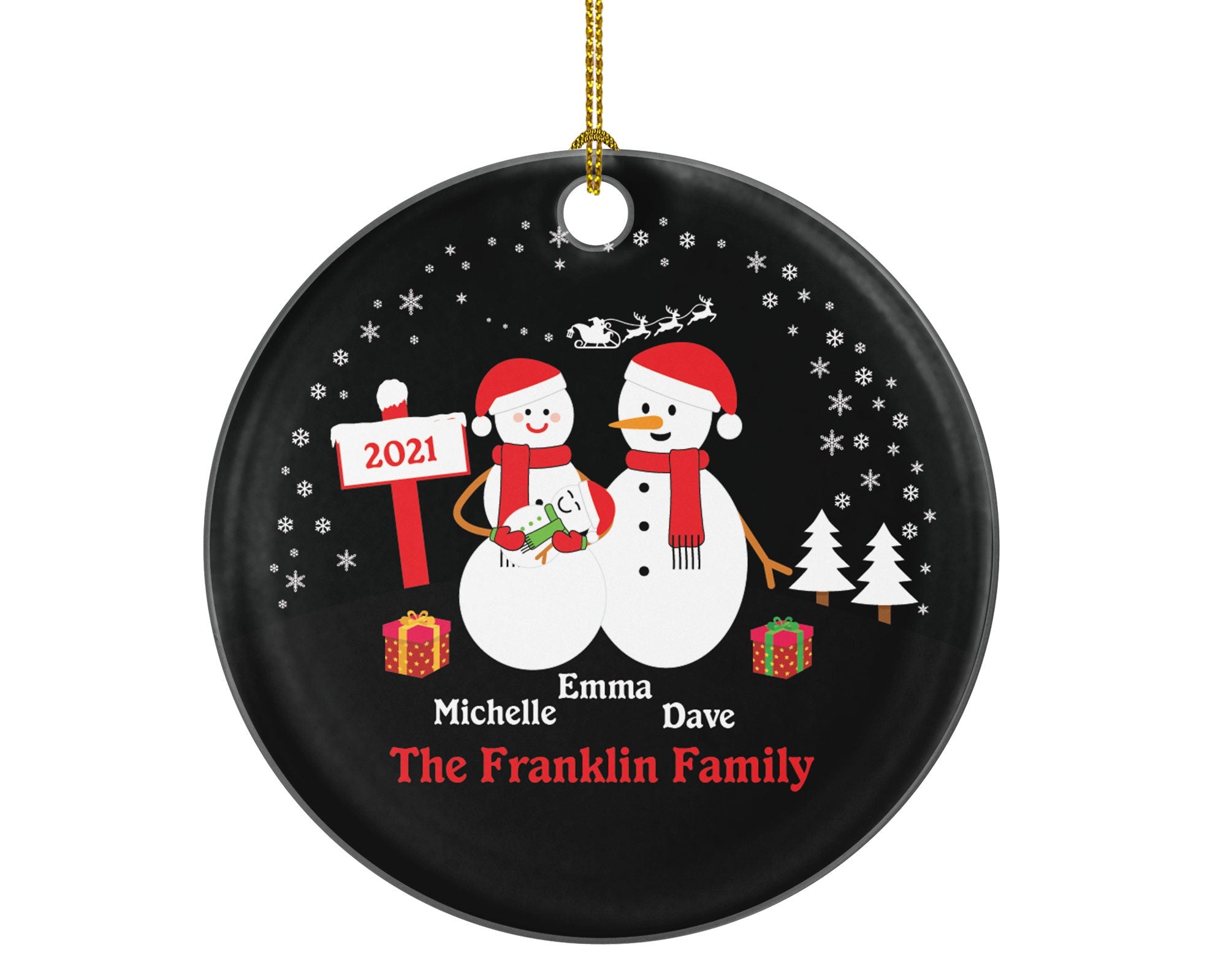 Personalized Family of 3 Three Christmas Snow Snowmen Snowman Kids Children Mom Dad New Mommy Daddy Baby Girl Boy Father Mother Newborn