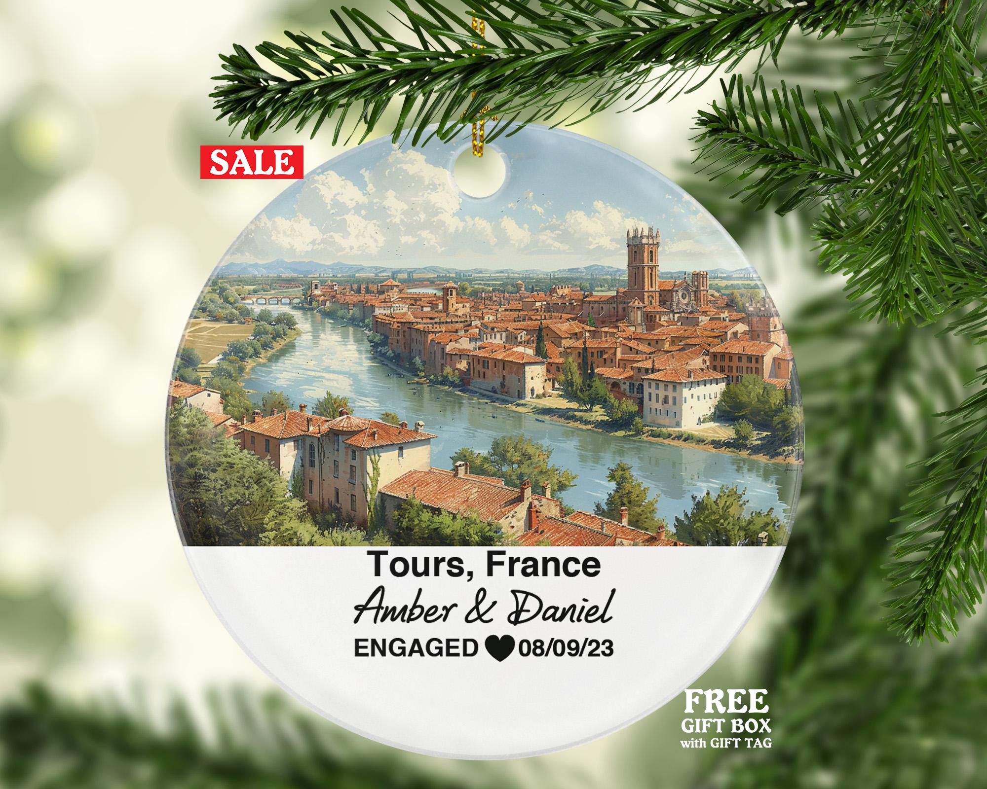 Personalized Tours France Christmas Ornament, Loire River, Saint Gatien's Cathedral, Mr & Mrs Wedding, Engagement, or Honeymoon Keepsake for Couples