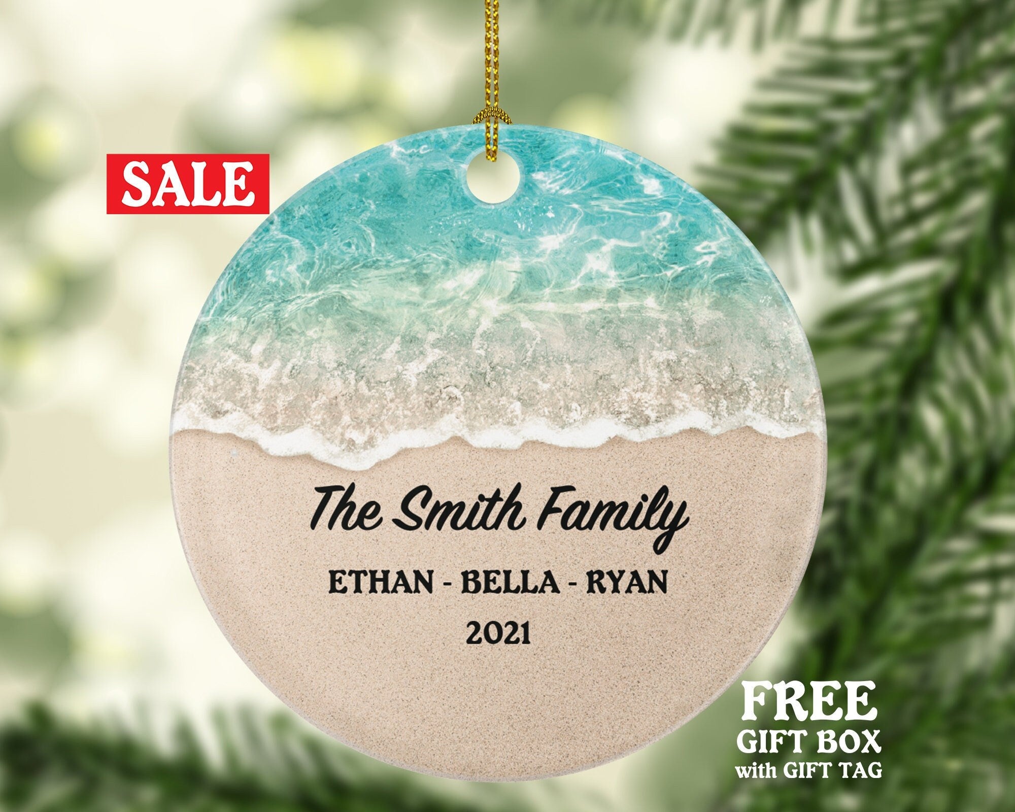 Personalized Family Christmas Ornament - Gift for Family of 2 3 4 5 6 - Custom Family Name Year Christmas Ceramic Ornament - Beach Colors
