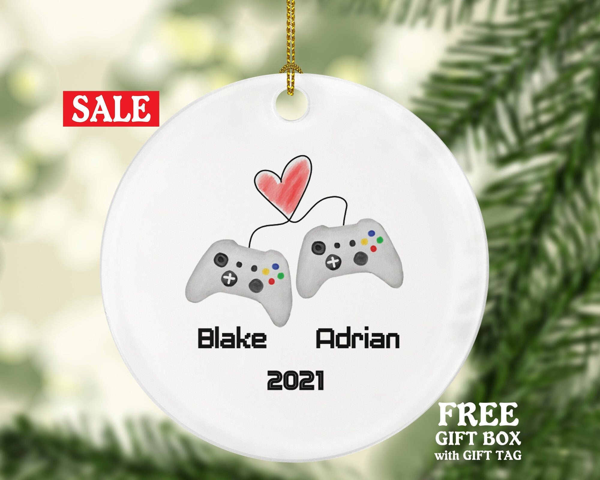 Video Game Playing Gamer Couples Christmas Ornament Personalized for Valentines / Friends -  Controller Addict