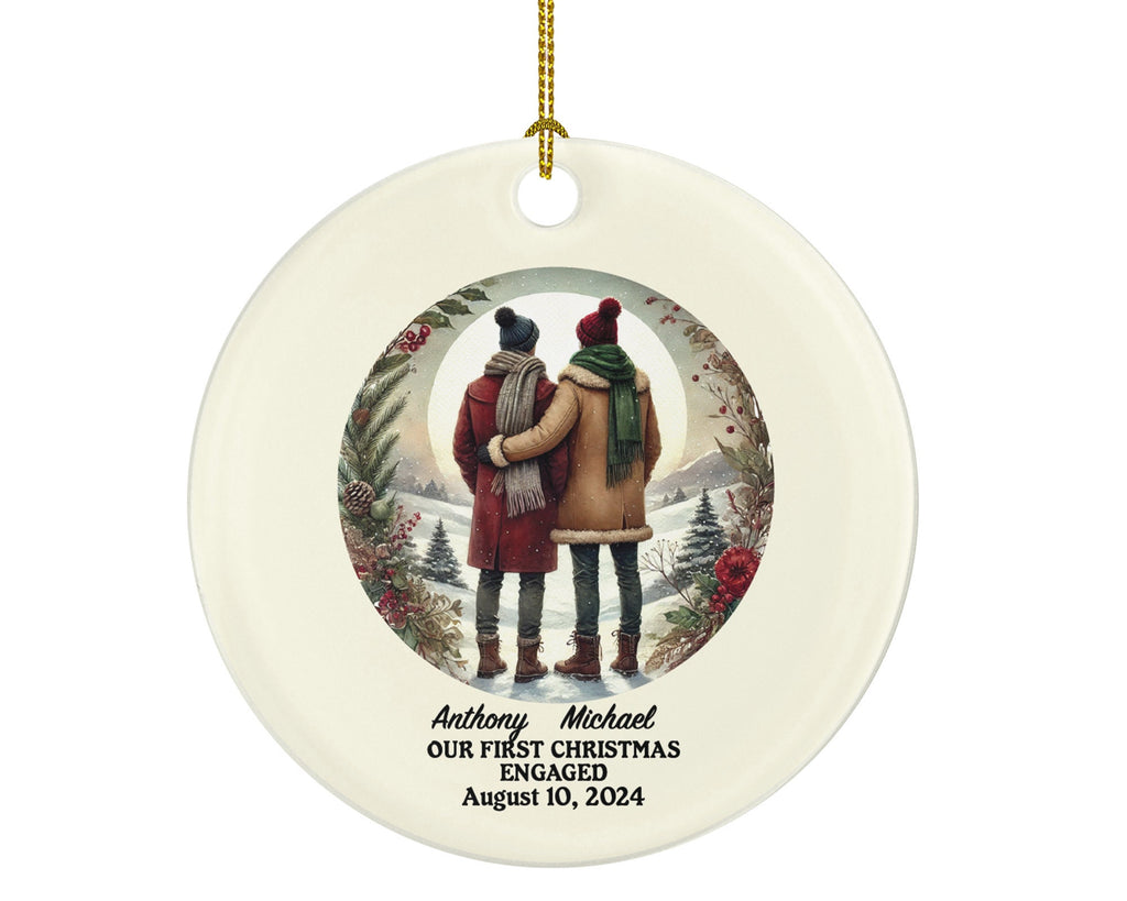 Gay Couple Christmas Ornament, Personalized Portrait Love is Love Same Sex Pride, First Christmas Engaged Custom Engagement Announcement