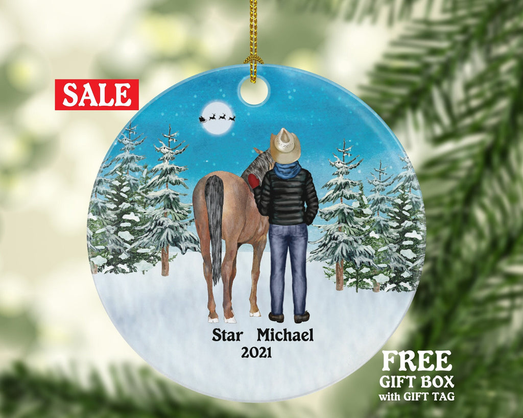 Riding a Horse Rider Christmas Ornament Personalized | Custom Names Horse Lover Gift Boy Male on a Horse