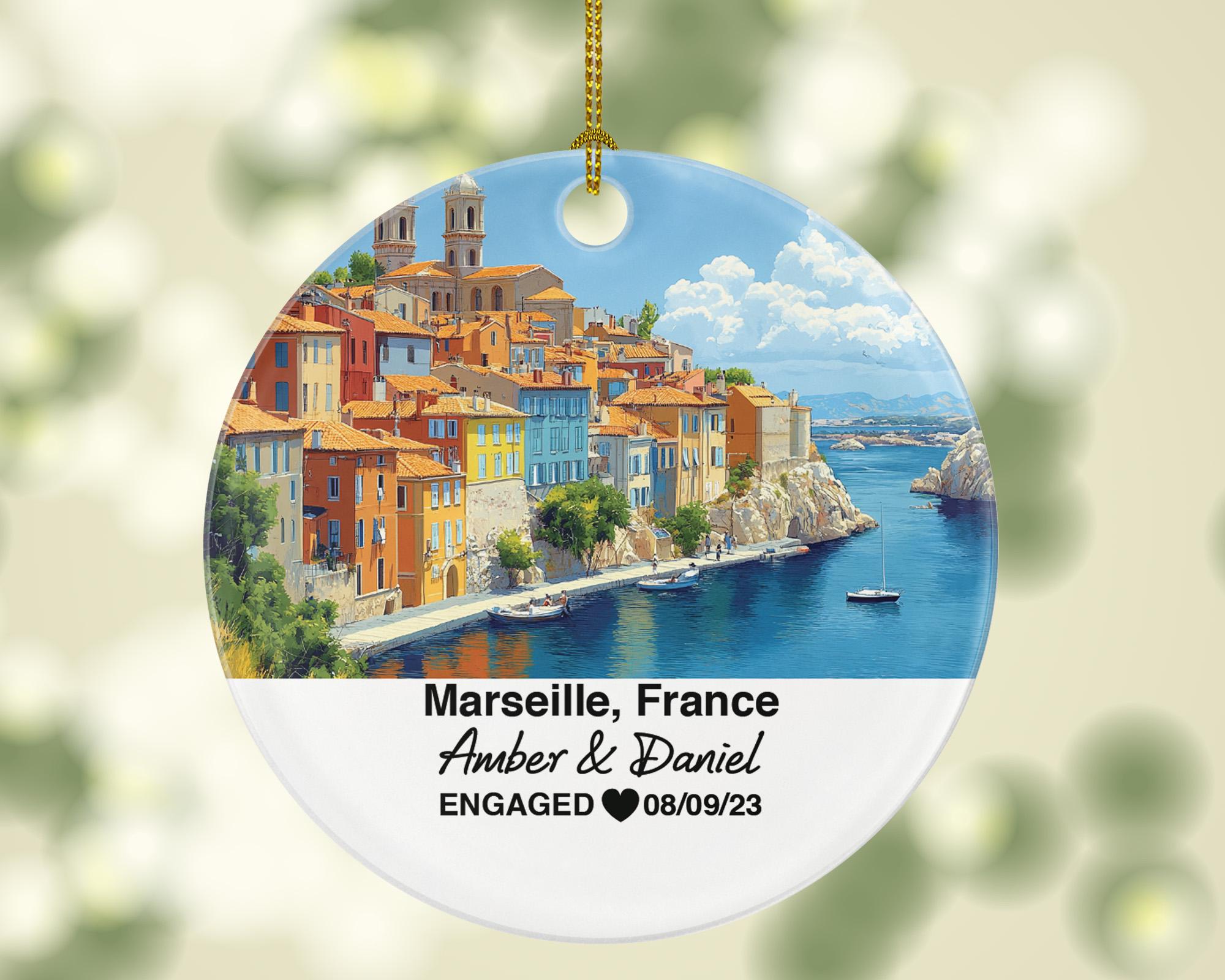 Marseille France Round Ceramic Christmas Ornament – Personalized Holiday Keepsake, Custom Couple Gift for Wedding or Honeymoon