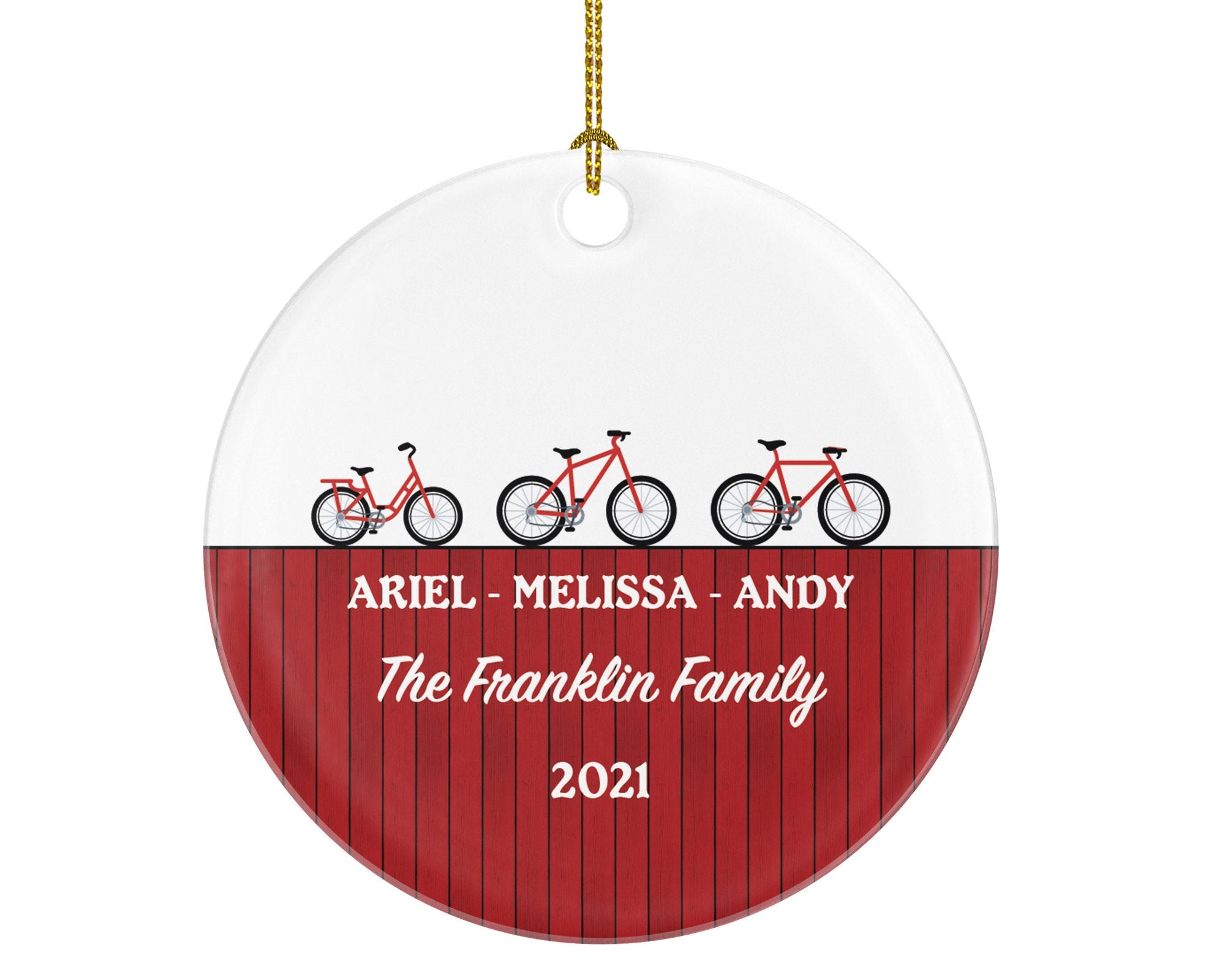 Personalized Family of 3 Christmas Ornament - Bicycle Bike Customized Holiday Gift Custom Names Outdoor Activity Mother Father Child