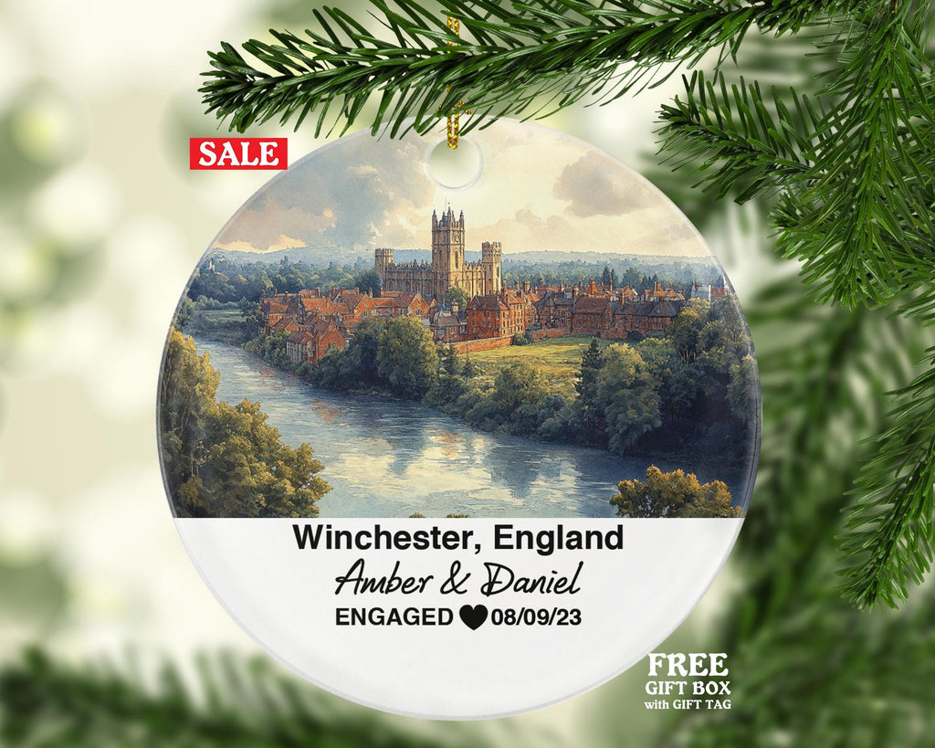 Winchester England Ceramic Christmas Ornament – Personalized United Kingdom Keepsake, Custom Couple Gift for Wedding or Honeymoon