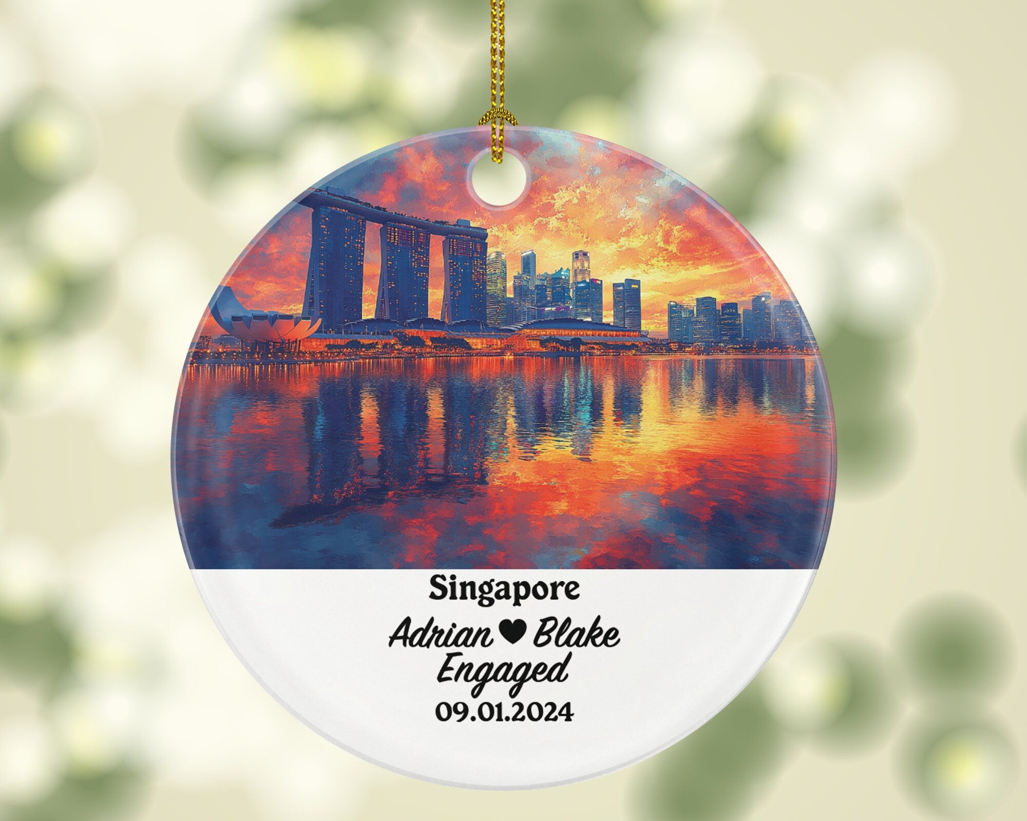 Singapore Christmas Ornament Personalized - Engaged Married Family Together Couple Travel Honeymoon Engagement Marriage