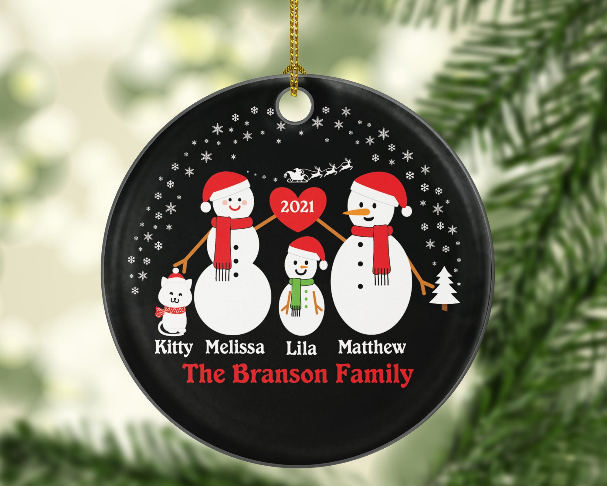 Personalized Family of 3 Ornaments with Cat Pet, Personalized Christmas Ornament, 3 snowmen, Snowman Family Ornament, Family of 3 Ornament