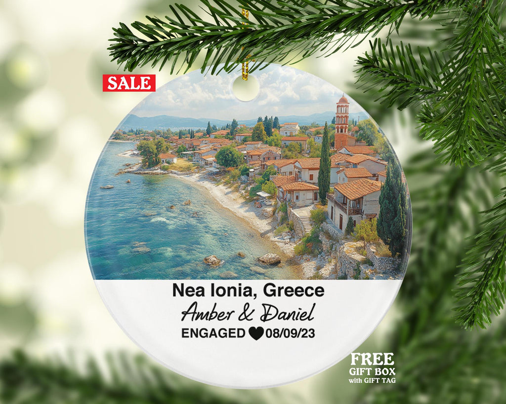 Nea Ionia Greece Round Ceramic Christmas Ornament – Personalized Holiday Keepsake, Custom Couple Gift for Wedding or Honeymoon