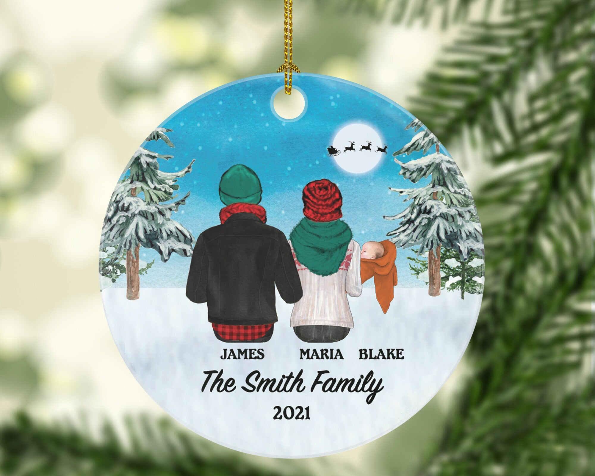 Family of 3 Personalized Ornament - First Christmas Newborn Infant New Baby Girl Boy Parents Mother Father Mom Dad Gift Kid Child Gift
