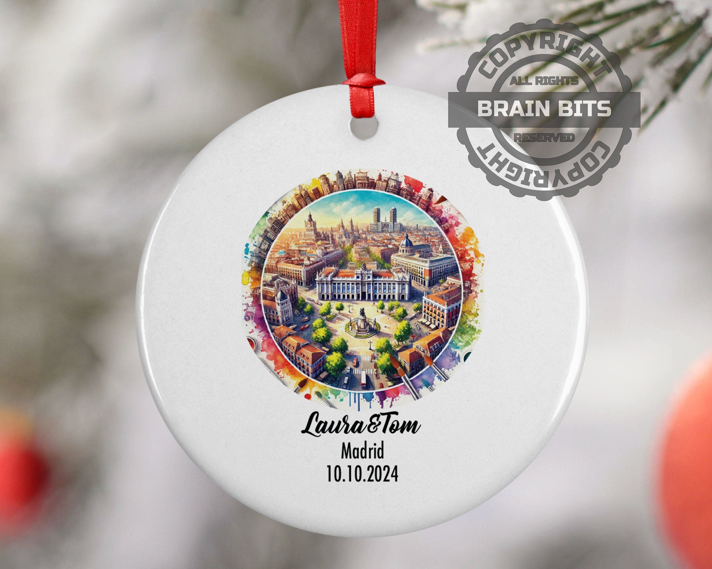 Madrid, Spain, Ornament, Engagement, Married, Travel, Gift for Engaged Couple, Engagement Gift, Trip, Vacation Souvenir