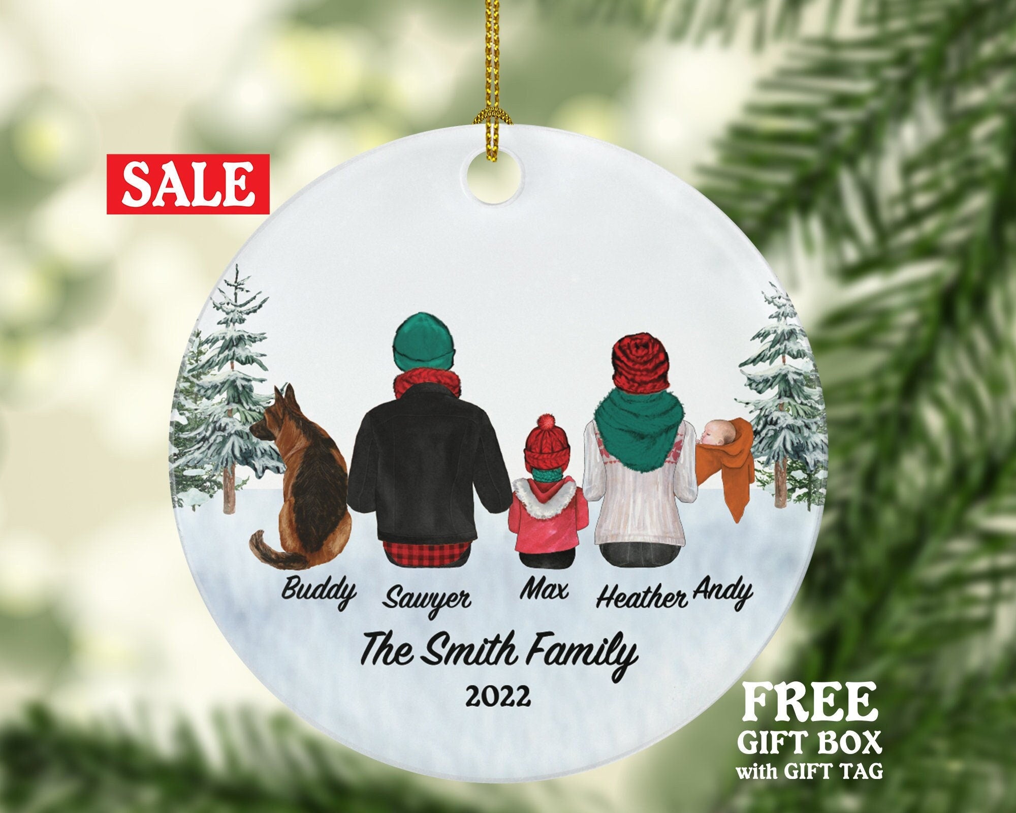 Family of 4 Dog Cat Pet Child and Baby Personalized Christmas Ornament Custom Fur New Infant Mom Dad Newborn Gift Lover Owner Holiday Rescue