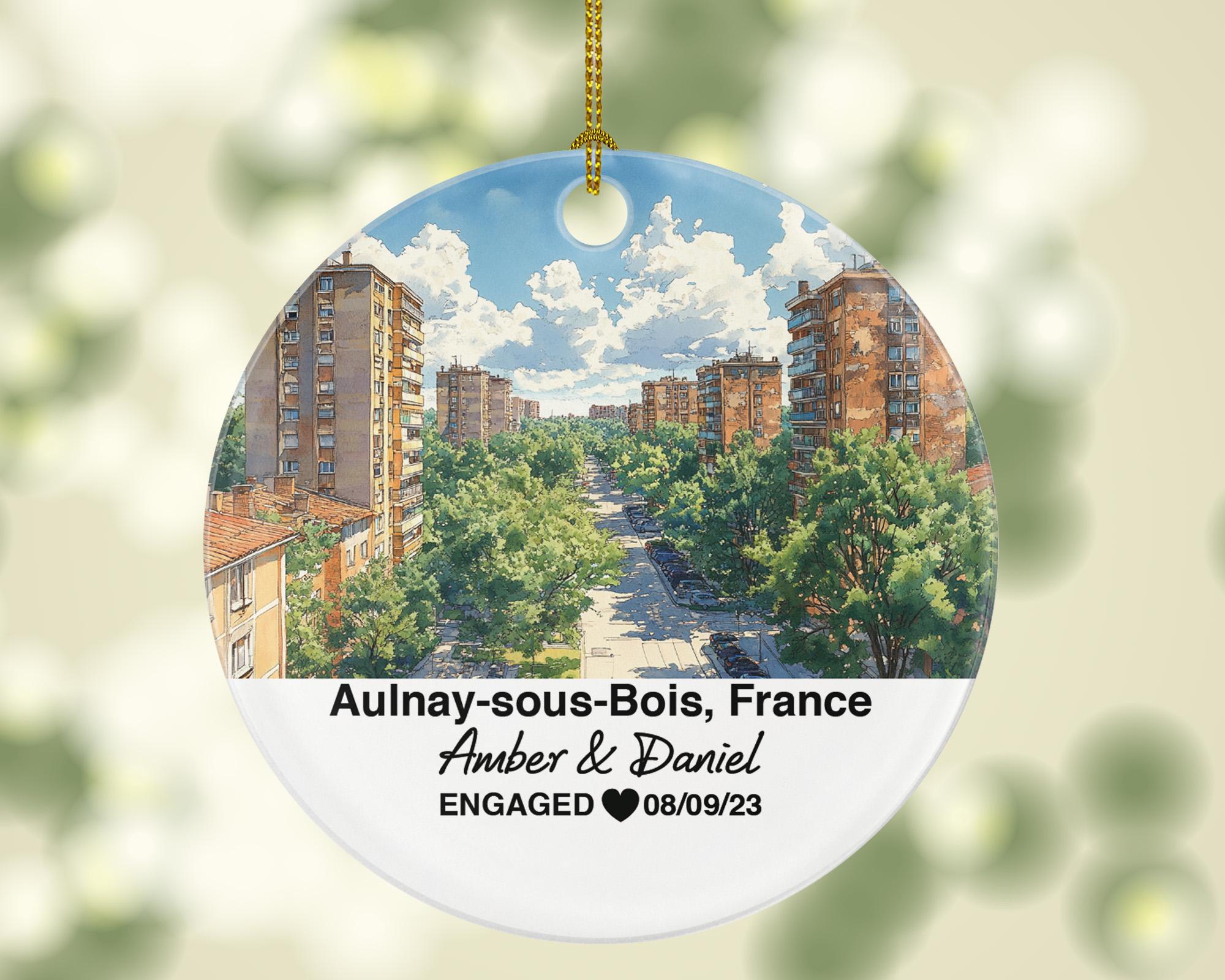 Personalized Aulnay-sous-Bois France Christmas Ornament, Parc du Sausset, Mr & Mrs Wedding, Engagement, or Honeymoon Keepsake for Couples