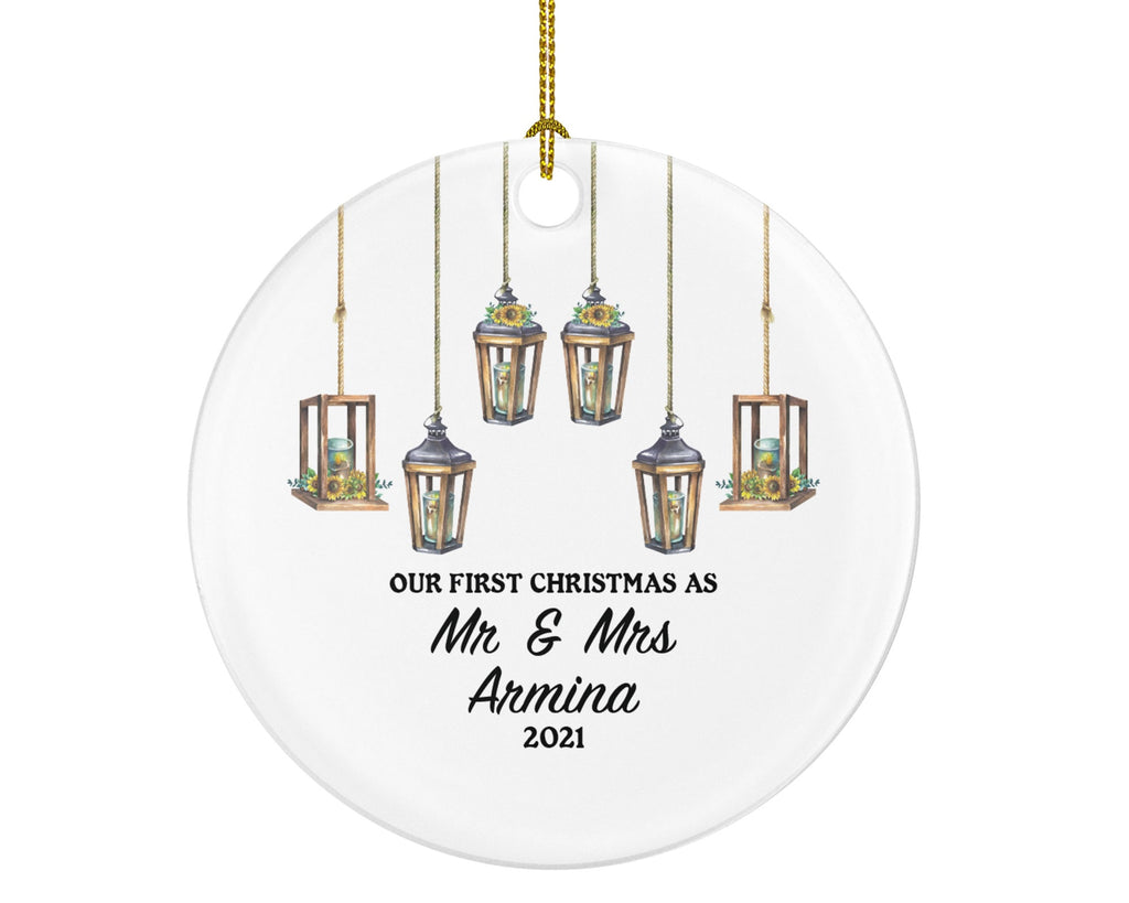 Our First Christmas as Mr & Mrs Couple Personalized Ornament - Newlywed Mr. and Mrs. Rustic Lights Wedding Couple Just Married Marriage Gift