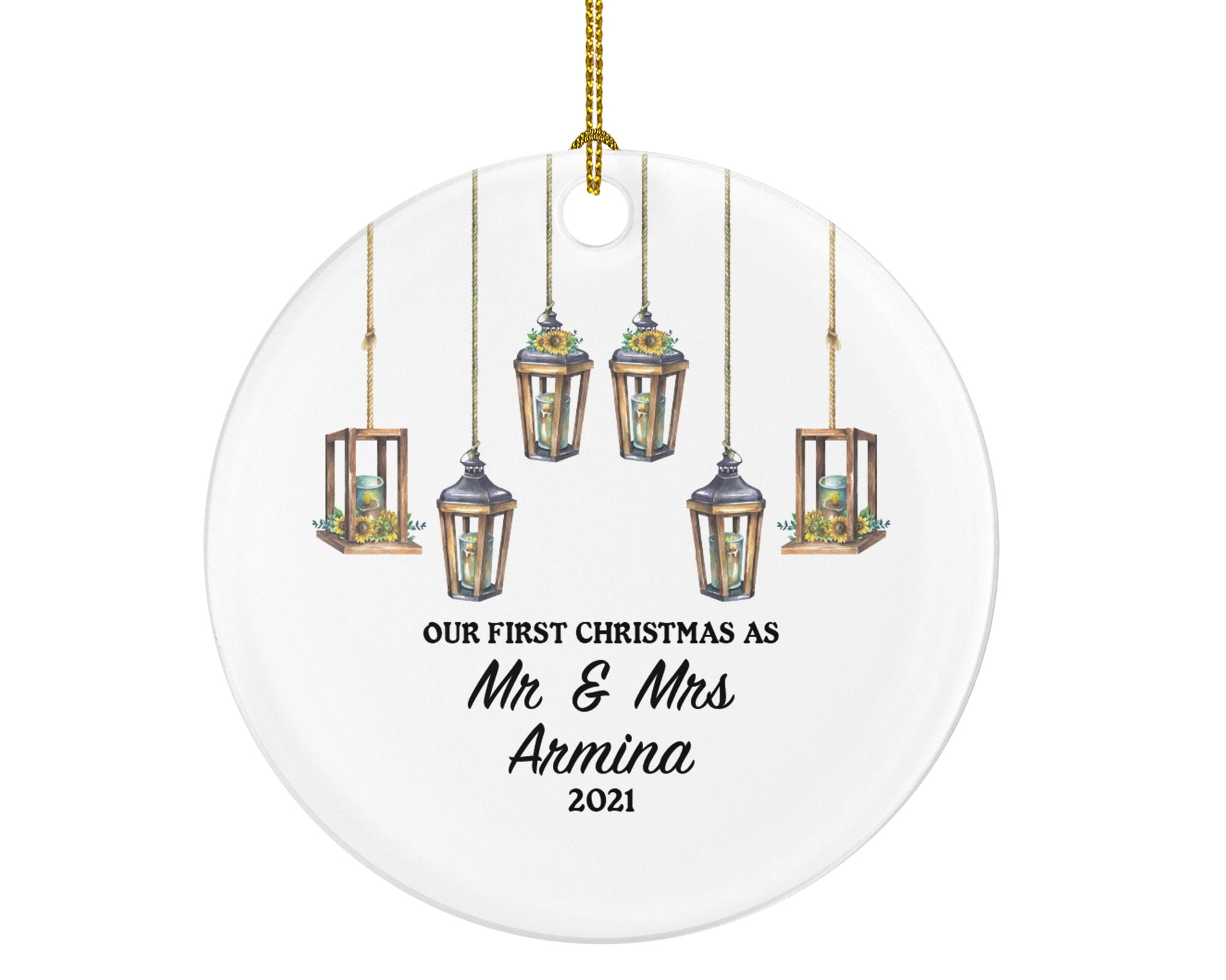 Our First Christmas as Mr & Mrs Couple Personalized Ornament - Newlywed Mr. and Mrs. Rustic Lights Wedding Couple Just Married Marriage Gift