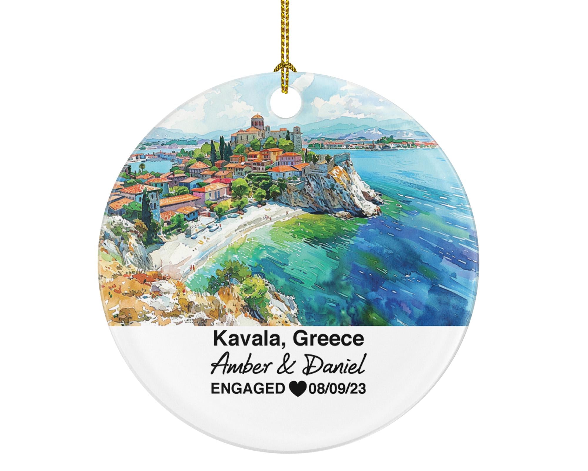Kavala Greece Round Ceramic Christmas Ornament – Personalized Holiday Keepsake, Custom Couple Gift for Wedding or Honeymoon