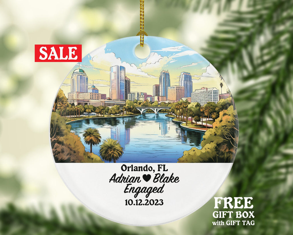Orlando Florida Christmas Ornament Personalized, FL Engaged Married Family Together Couple Travel Honeymoon Wedding Engagement Marriage