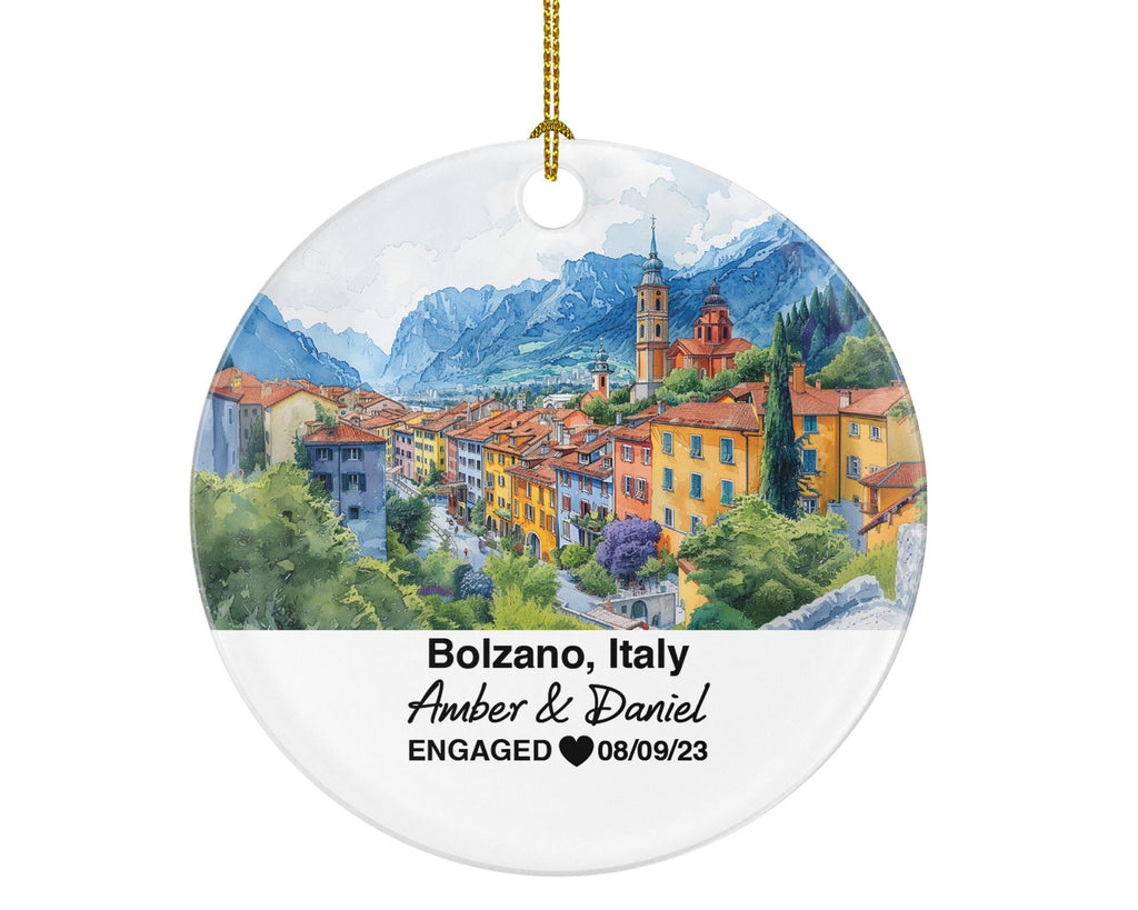 Personalized Bolzano Italy Christmas Ornament, Medieval Architecture, Wedding, Engagement, Mr & Mrs or Honeymoon Keepsake for Couples