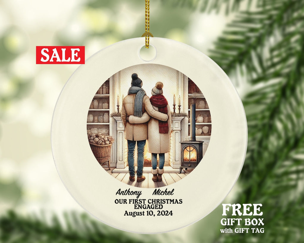First Christmas Engaged Custom Ornament - Personalized Engagement Announcement Couple Gift - Custom Date Name - Future Husband Wife