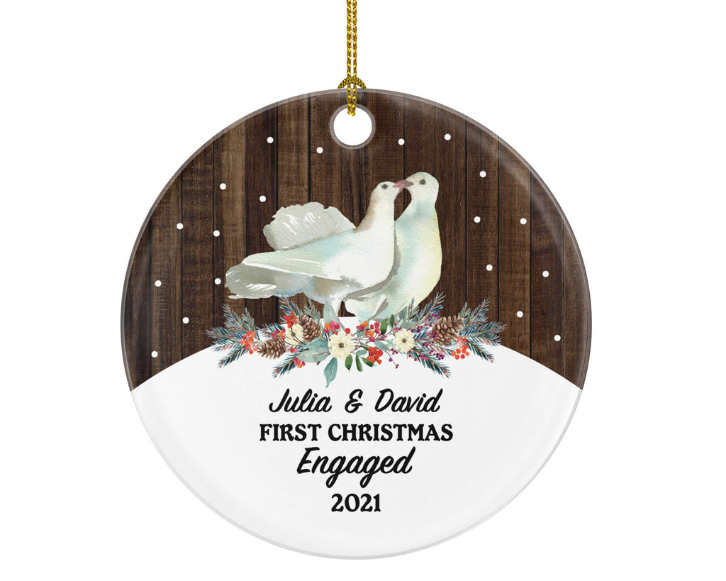 First Christmas Engaged Custom Ornament - Personalized Engagement Announcement Birds Couple Gift - Custom Date Name - Future Husband Wife