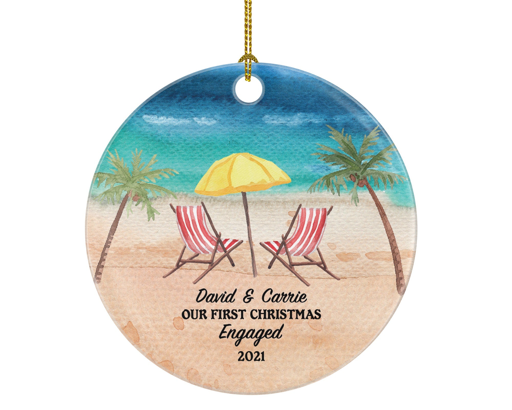 Engagement Personalized Christmas Ornament - Beach Chair Summer Palm Sand Our First Engaged Couple Newly 1st Xmas Future Husband Wife Lover