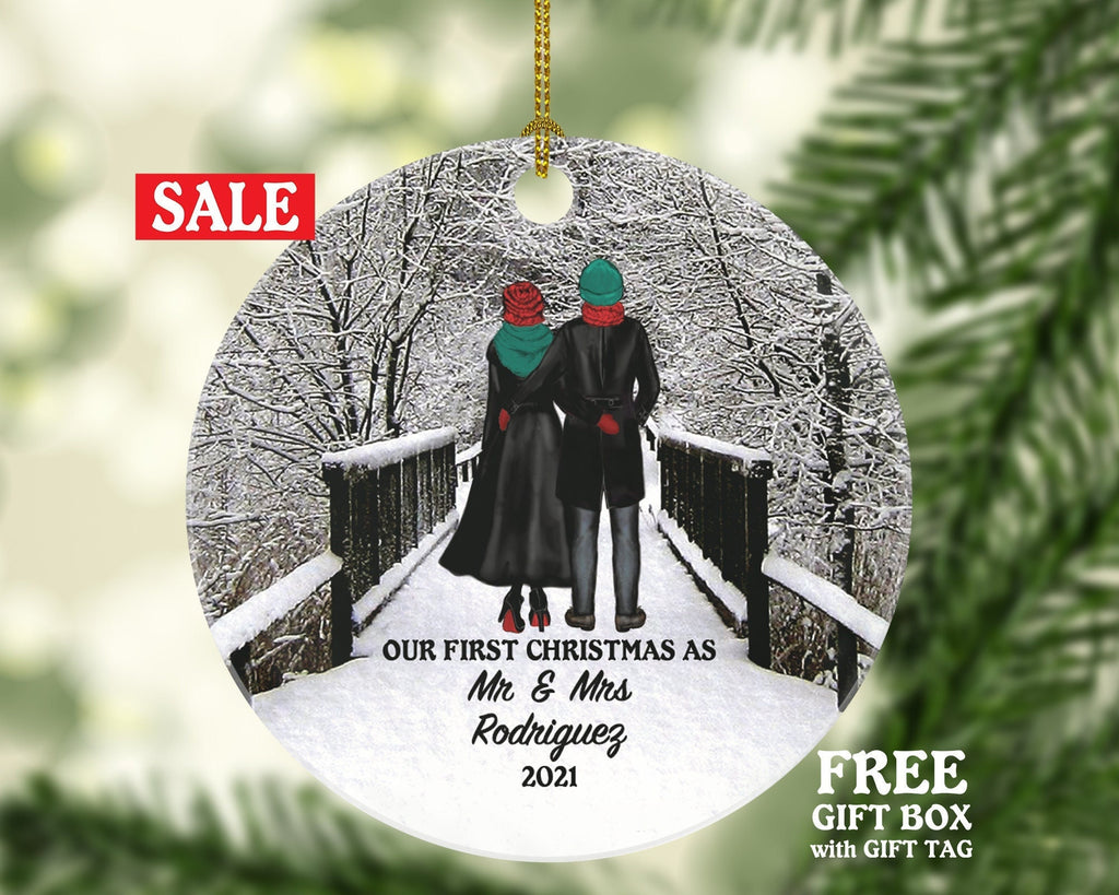 Newlywed Mr. and Mrs. Our First Christmas as Mr & Mrs Couple Personalized Ornament - Wedding Just Married Marriage Gift