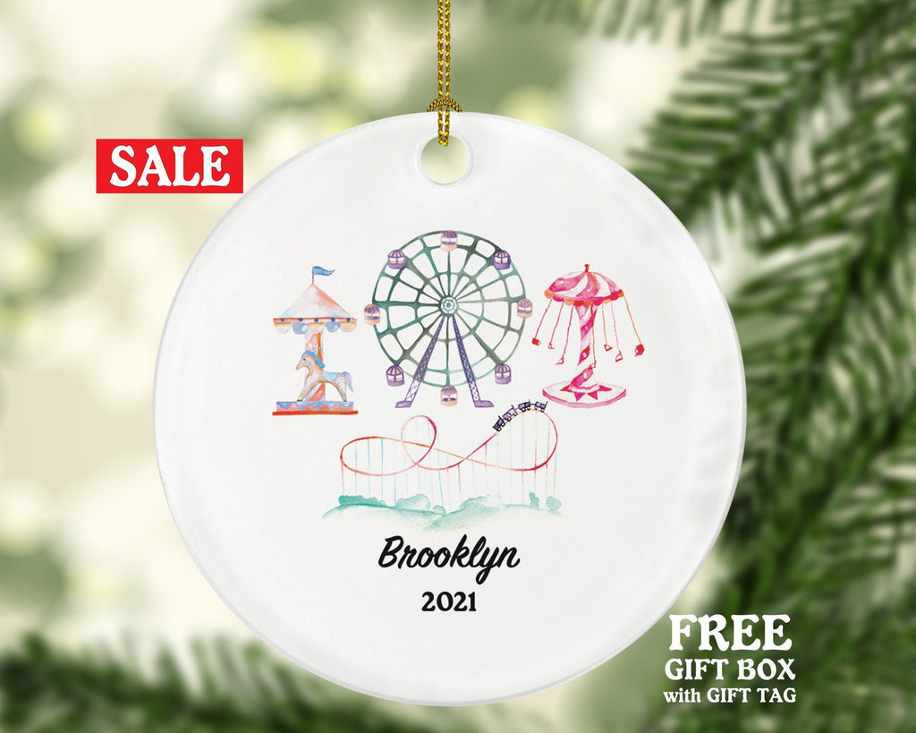 Amusement Park Christmas Ornament - Personalized Theme Park Worker Gift - Carousel Roller Coaster Ferris Wheel Fairgrounds Vacation Travel
