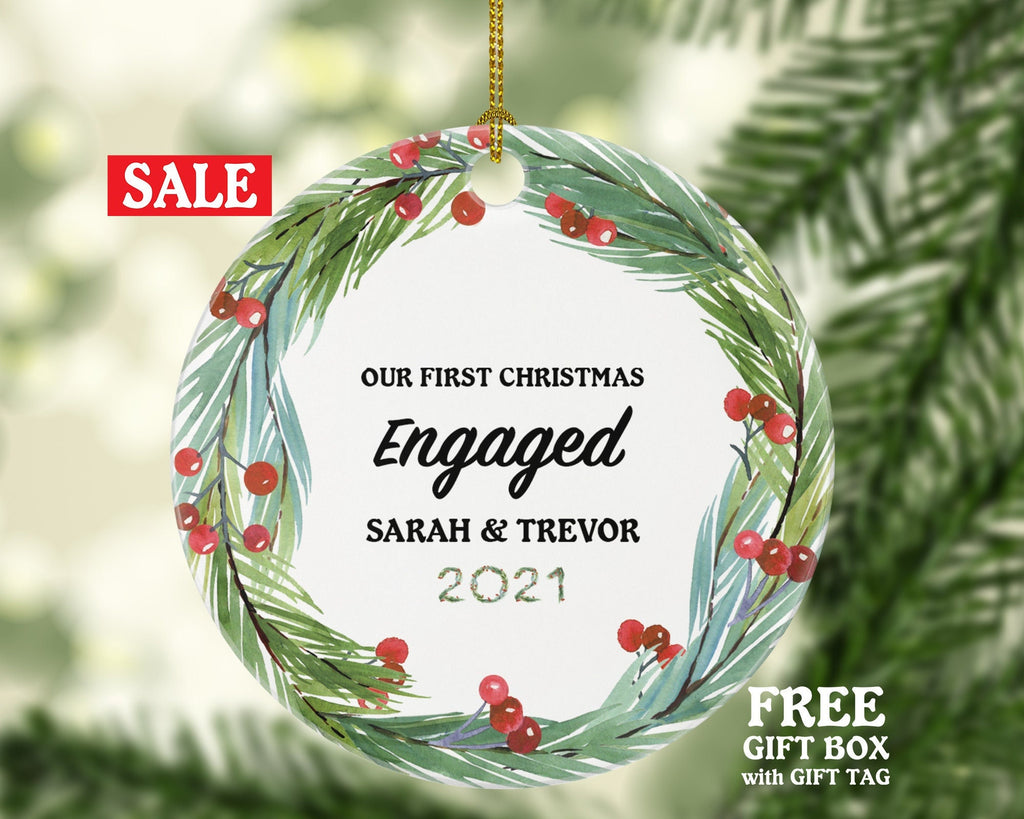 First Christmas Engaged Personalized Ornament - Engagement Announcement Couple Gift - Greenery