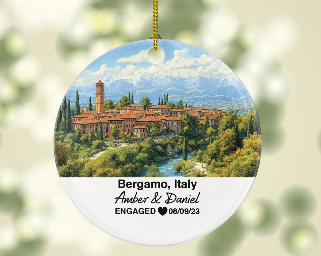 Personalized Bergamo Italy Christmas Ornament, Piazza Vecchia, Campanone, Mr & Mrs Wedding, Engagement, or Honeymoon Keepsake for Couples