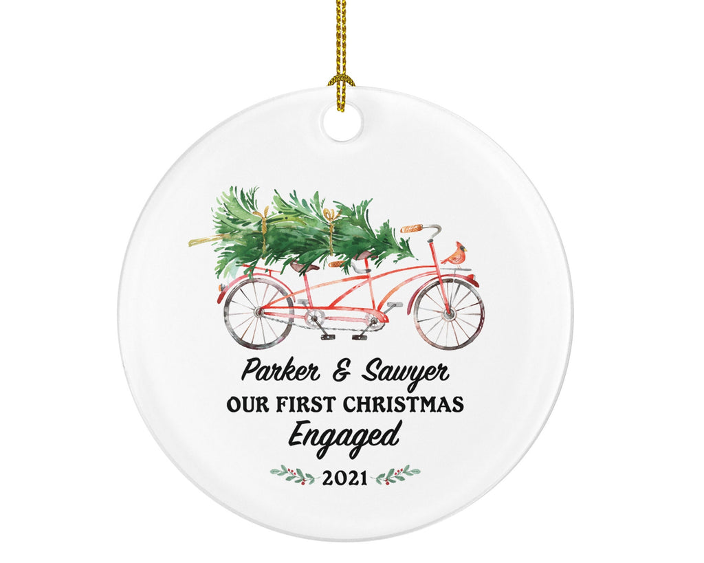 Personalized Engagement Christmas Ornament - Tandem Bicycle  Newly Just Engaged Gift for Couple Tree Xmas Watercolor