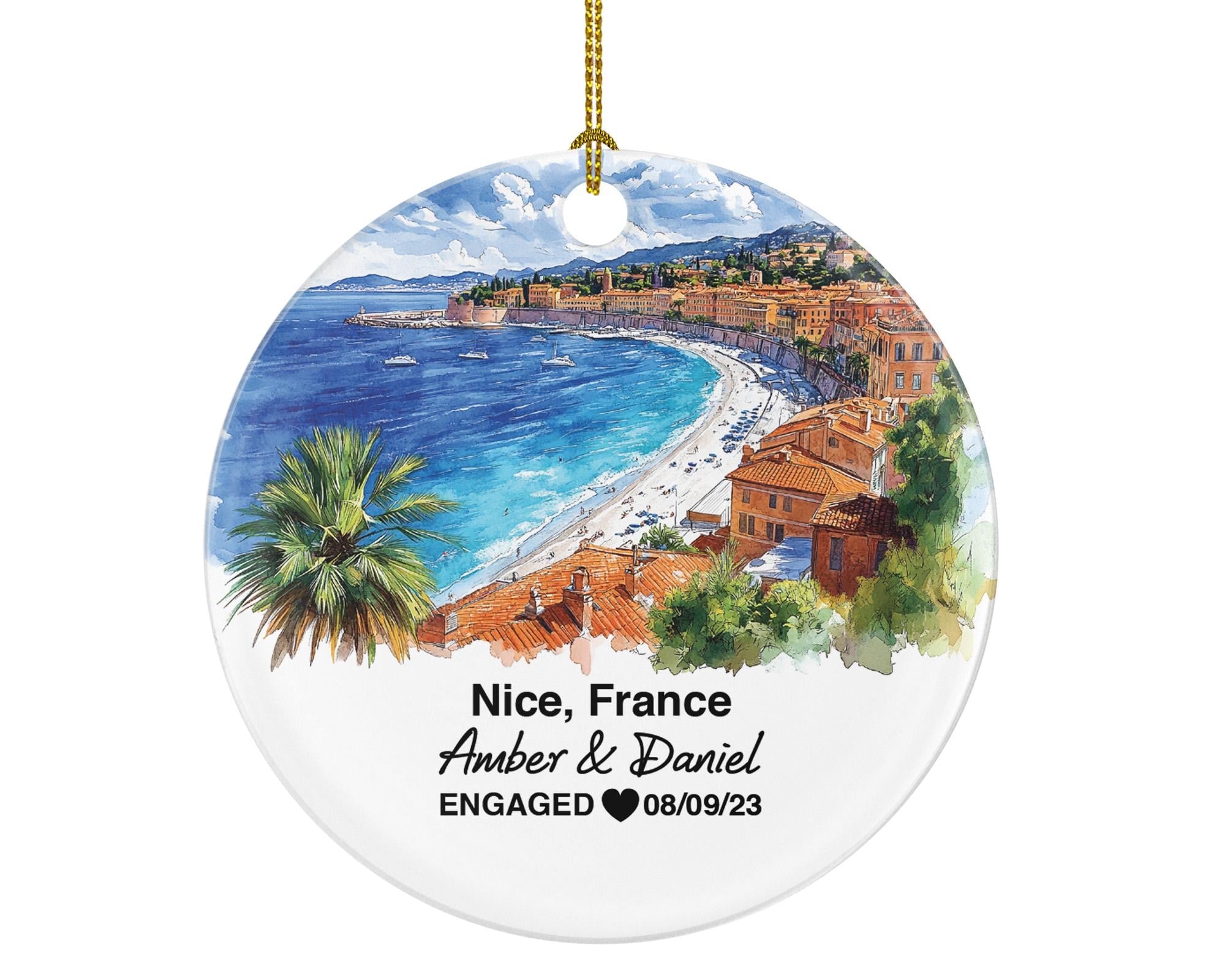 Personalized Nice France Round Ceramic Christmas Ornament – Personalized Holiday Keepsake, Custom Couple Gift for Wedding or Honeymoon