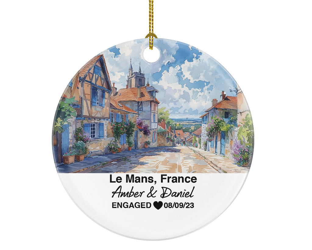 Personalized Le Mans France Christmas Ornament, Racing, Medieval Old Town, Mr & Mrs Wedding, Engagement, or Honeymoon Keepsake for Couples