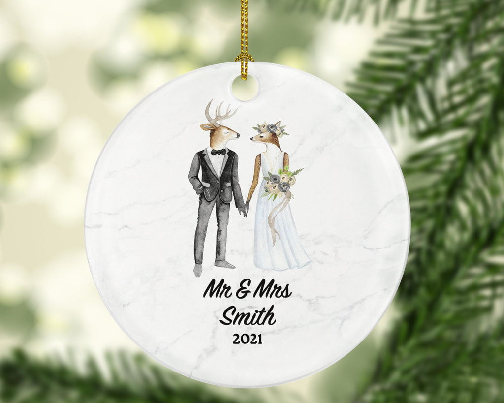Mr & Mrs Married Couple Christmas Ornament Personalized - Deer Bride and Groom Newlywed Our First Christmas Gift