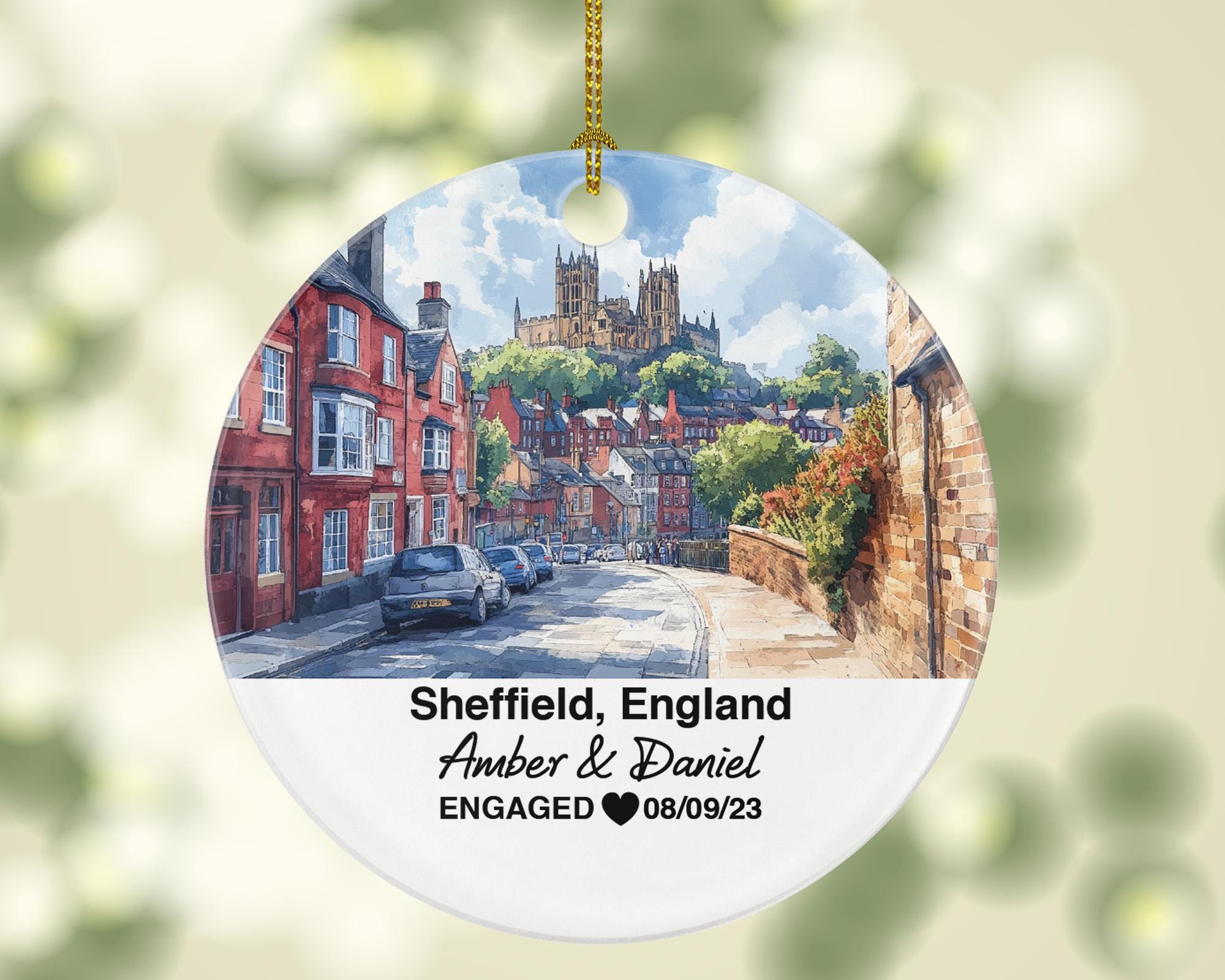Sheffield England Round Ceramic Christmas Ornament – Personalized United Kingdom Keepsake, Custom Couple Gift for Wedding or Honeymoon