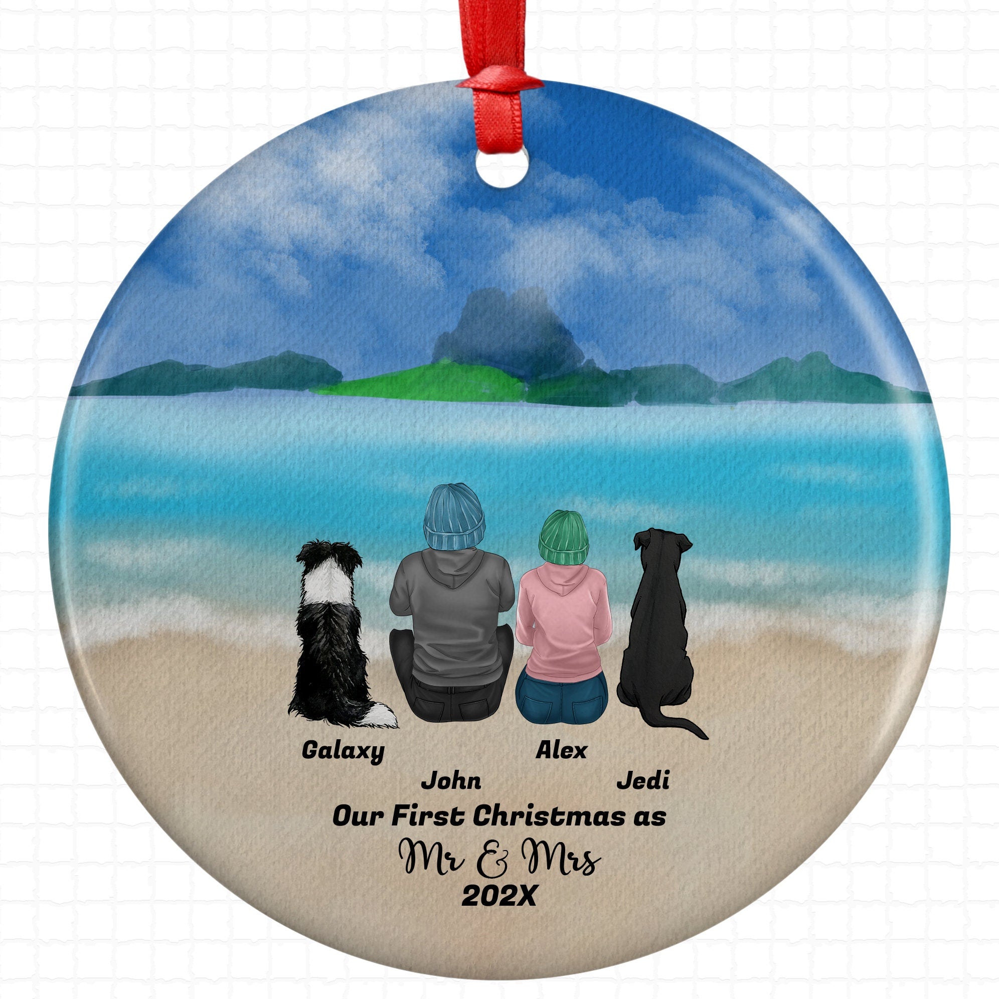 Personalized Mr and Mrs Marriage Couple Christmas Ornament with Pet Custom Ceramic Keepsake for Newly Married Dog Cat Owners Holiday Gift