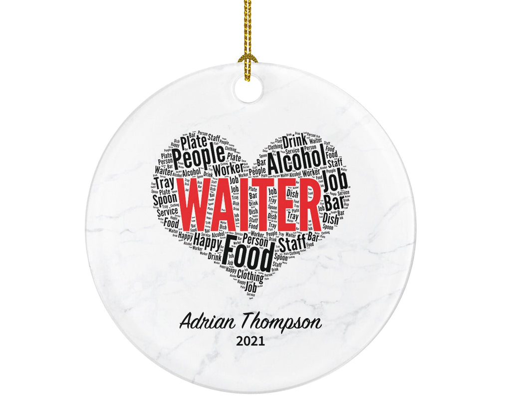 Waitress / Waiter Christmas Ornament Personalized - Gift for Cafe Cafeteria Restaurant Worker - Custom Name Year