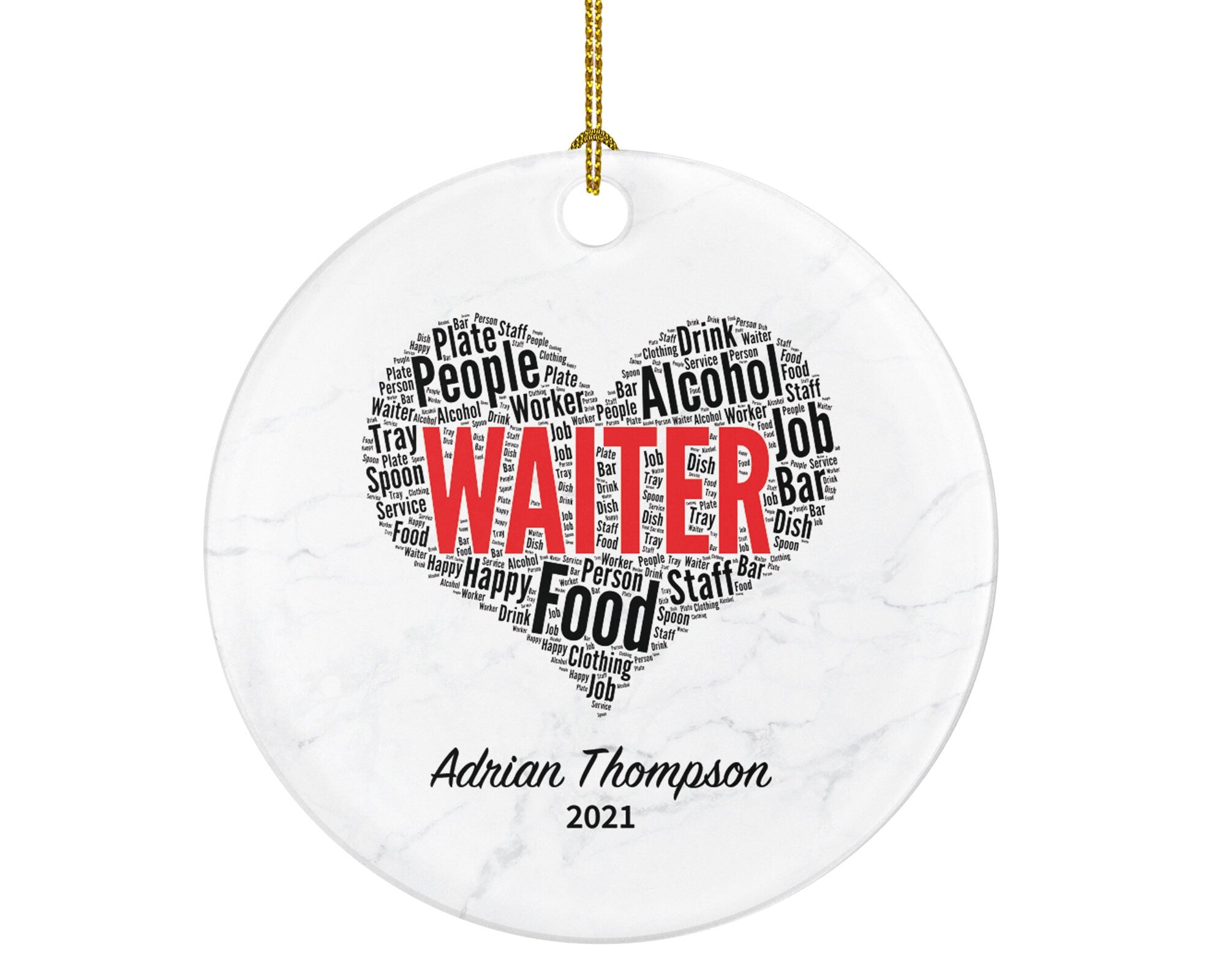 Waitress / Waiter Christmas Ornament Personalized - Gift for Cafe Cafeteria Restaurant Worker - Custom Name Year