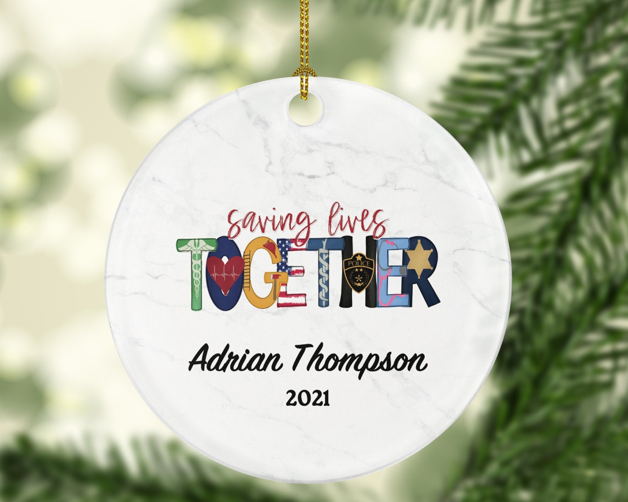 Saving Lives Together Police and Medical Teams Christmas Ornament Personalized - Doctor Physician Ambulance Policeman Team Officer Gift