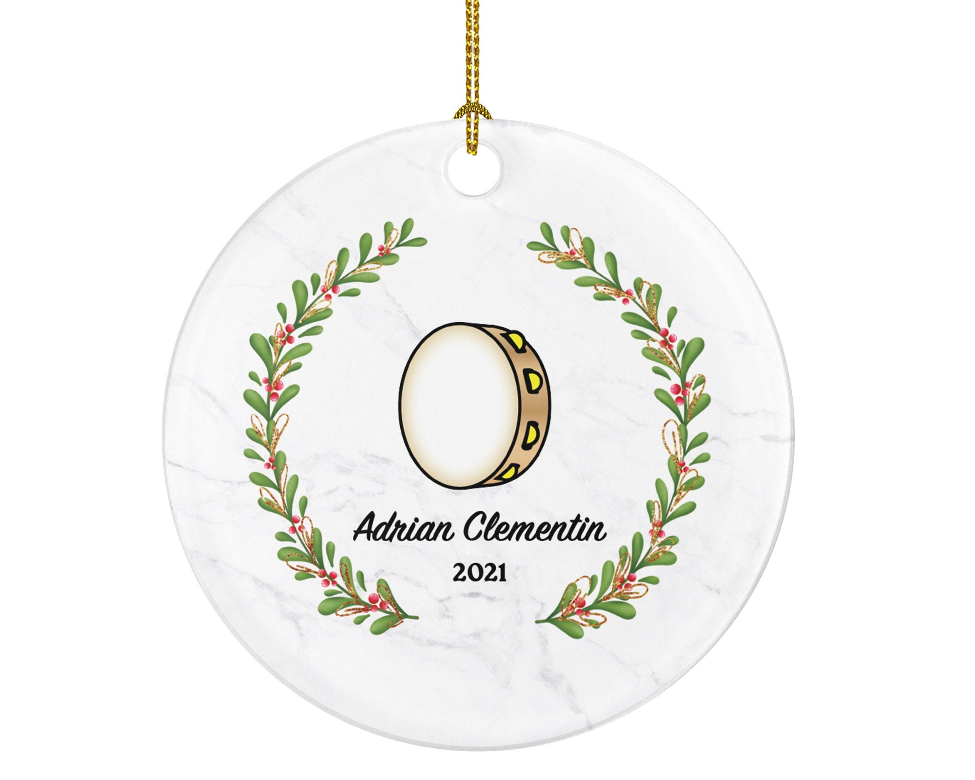 Tambourine Christmas Ornament Personalized - Musical Instrument Playing Tambourine Gift for Tambourine Player - Custom Name Year
