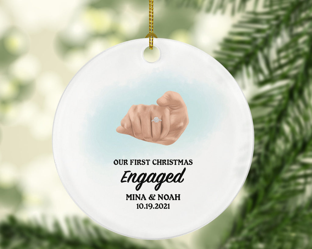 Our First Christmas Engaged Personalized Ornament - Engagement Announcement Couple Gift - Engagement Ring