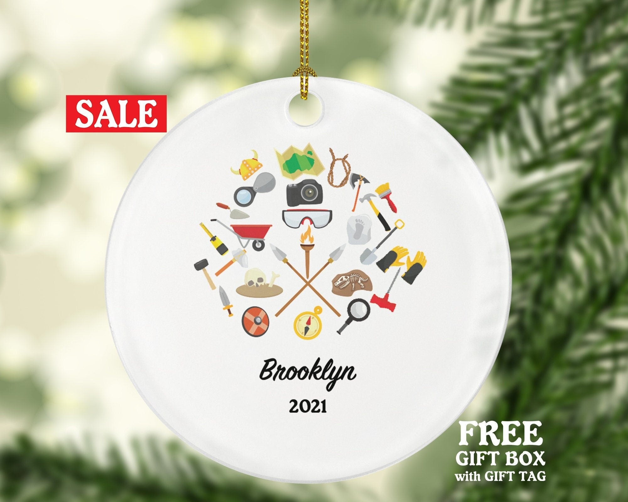 Archaeologist Christmas Ornament - Personalized Archeology Gift - Custom Name and Date