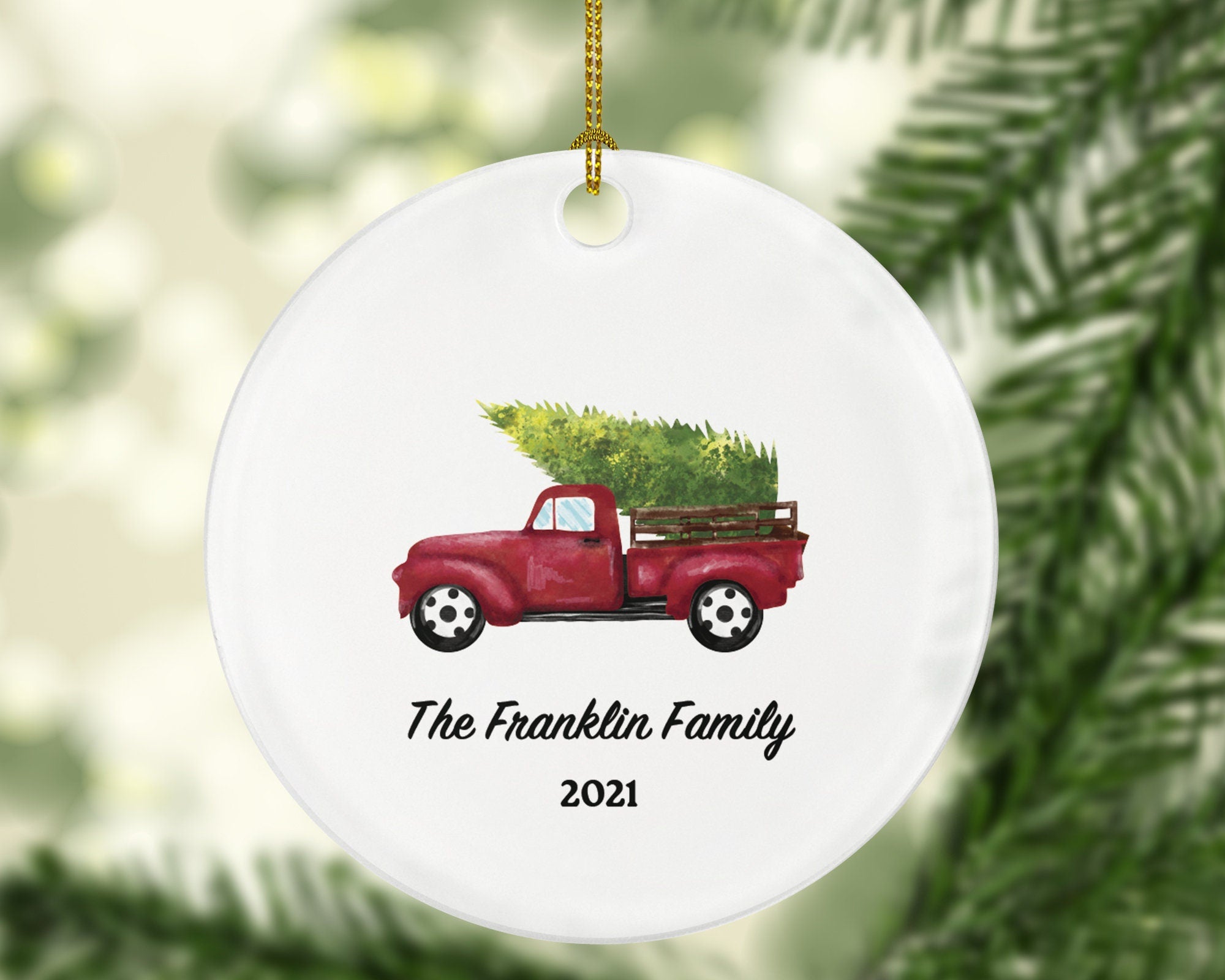 Personalized Red Pickup Truck Family Christmas Ornament - Vintage Red Pick up Car Gift Custom Ornament With Name Road Trip - Farmhouse Decor